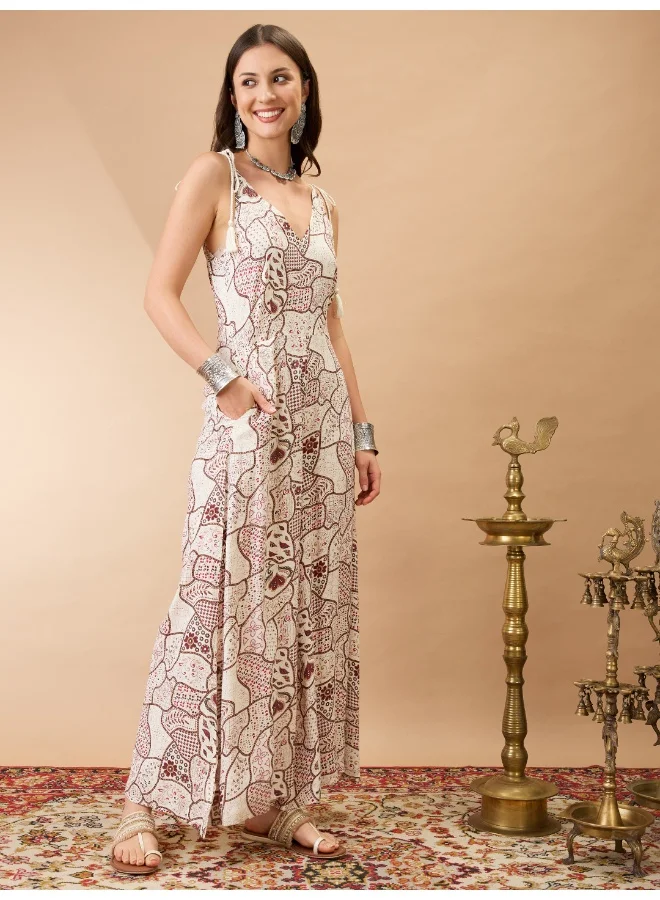 globus Women Off White V-Neck Tie Up Sleeves Ethnic Print Wide Leg Fusion Jumpsuit