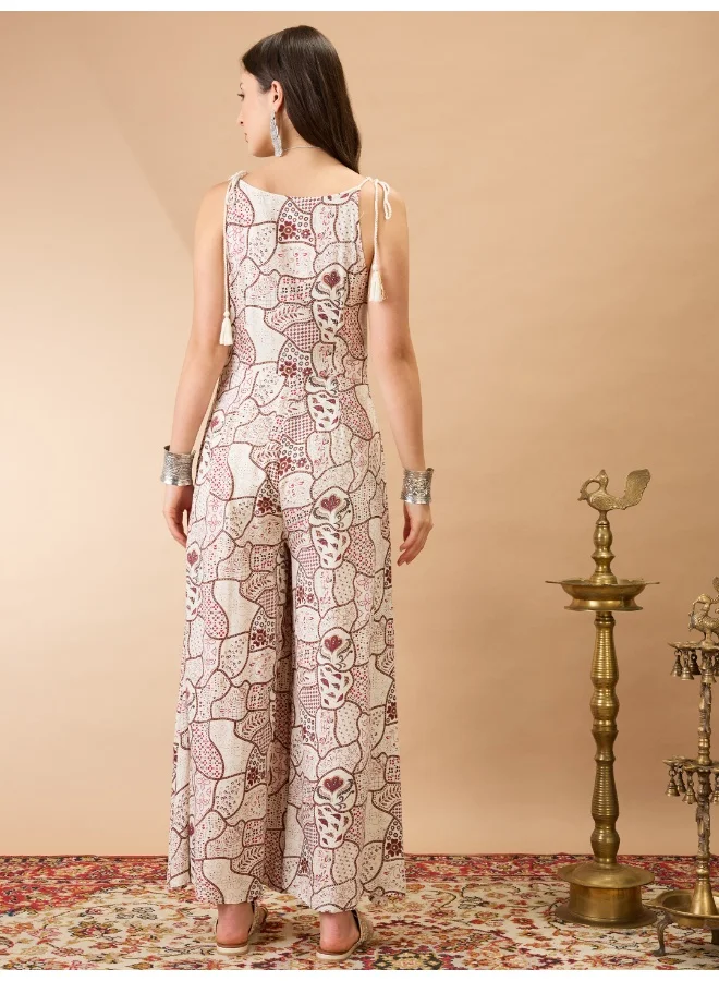 globus Women Off White V-Neck Tie Up Sleeves Ethnic Print Wide Leg Fusion Jumpsuit