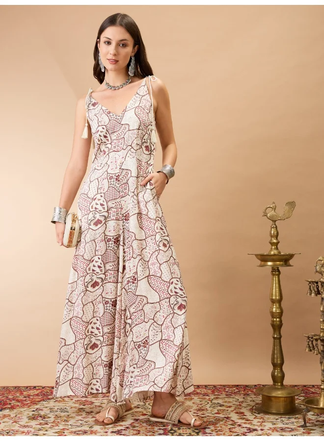 globus Women Off White V-Neck Tie Up Sleeves Ethnic Print Wide Leg Fusion Jumpsuit