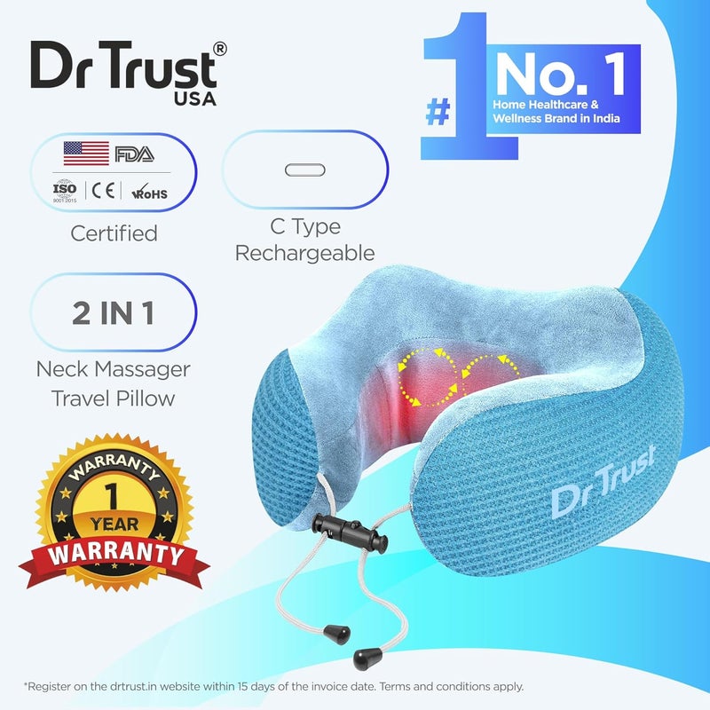 Dr Trust وسادة دعم الرقبة للسفر من USA Cloudwalker للرحلات، وسادة سفر قابلة للشحن من رغوة الذاكرة مع جهاز تدليك لتخفيف آلام الرقبة، السفر الجوي، المنزل، المكتب-386 | مجموعة من 1 - Image 2