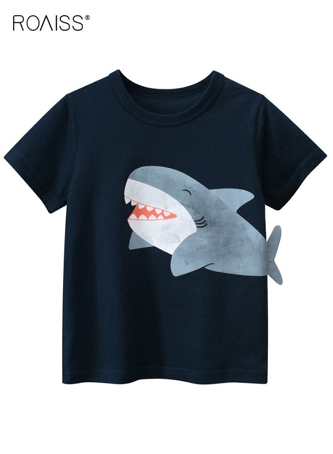 رويس تي شيرت صيفي للأولاد، قميص قصير الأكمام برقبة مستديرة للأولاد الصغار، تي شيرت قطني أنيق وفريد من نوعه بنقشة سمك القرش، مناسب للارتداء اليومي أو أي مناسبة - Image 2