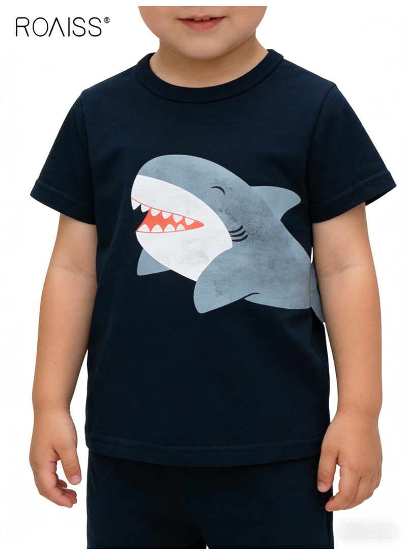 رويس تي شيرت صيفي للأولاد، قميص قصير الأكمام برقبة مستديرة للأولاد الصغار، تي شيرت قطني أنيق وفريد من نوعه بنقشة سمك القرش، مناسب للارتداء اليومي أو أي مناسبة - Image 1