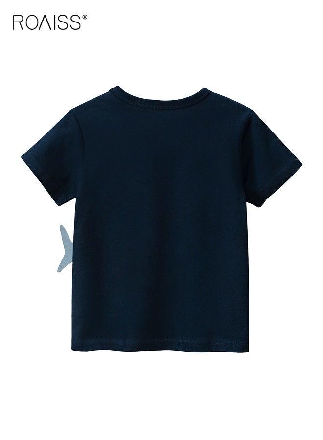 رويس تي شيرت صيفي للأولاد، قميص قصير الأكمام برقبة مستديرة للأولاد الصغار، تي شيرت قطني أنيق وفريد من نوعه بنقشة سمك القرش، مناسب للارتداء اليومي أو أي مناسبة - Image 3