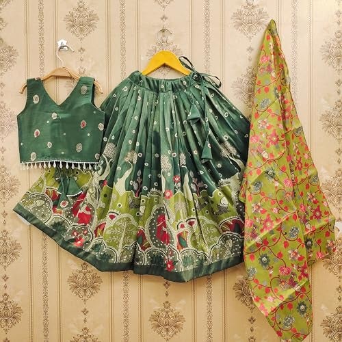 Tejam Girls Simar Soft Silk New Traditional Printed Readymade Lehenga Choli -Ethnic Wear Wedding Outfits (Suitable For Girls 2 To 8 Year) (Green, 6-7 Year) - Image 2