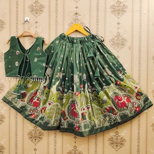 Tejam Girls Simar Soft Silk New Traditional Printed Readymade Lehenga Choli -Ethnic Wear Wedding Outfits (Suitable For Girls 2 To 8 Year) (Green, 6-7 Year) - Image 5