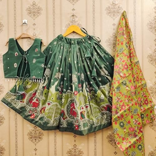 Tejam Girls Simar Soft Silk New Traditional Printed Readymade Lehenga Choli -Ethnic Wear Wedding Outfits (Suitable For Girls 2 To 8 Year) (Green, 6-7 Year) - Image 3