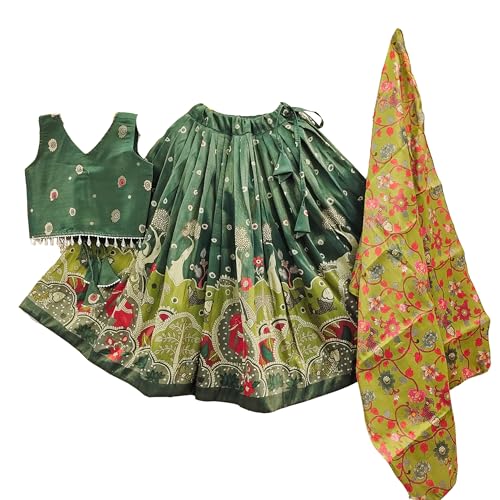 Tejam Girls Simar Soft Silk New Traditional Printed Readymade Lehenga Choli -Ethnic Wear Wedding Outfits (Suitable For Girls 2 To 8 Year) (Green, 6-7 Year) - Image 1