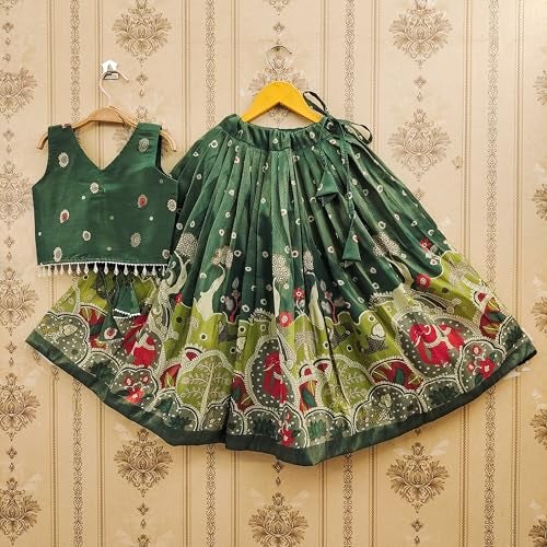 Tejam Girls Simar Soft Silk New Traditional Printed Readymade Lehenga Choli -Ethnic Wear Wedding Outfits (Suitable For Girls 2 To 8 Year) (Green, 6-7 Year) - Image 4