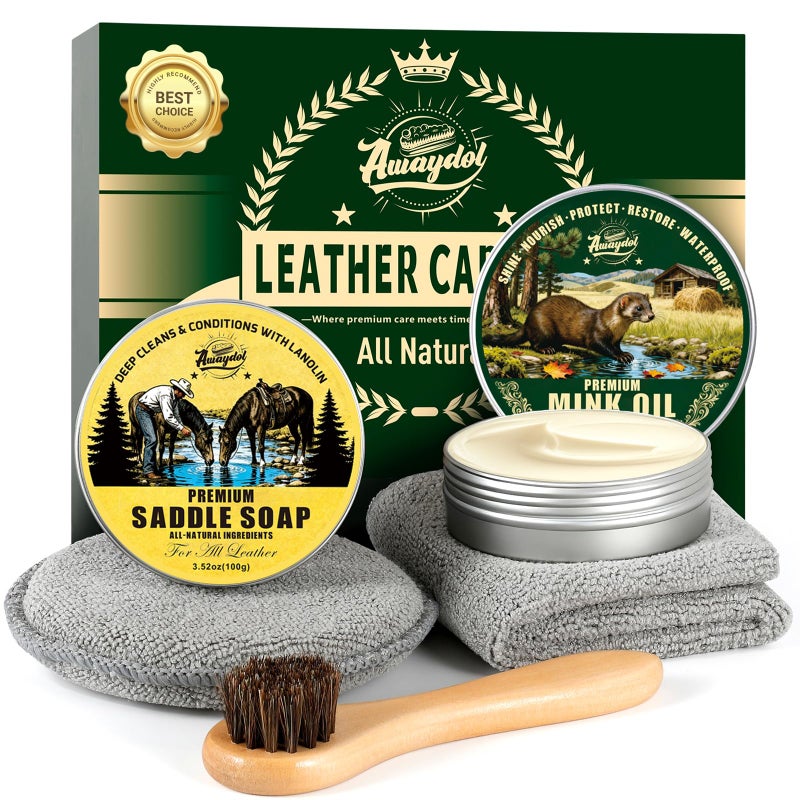 Awaydol Leather Boot Care Kit Mink OilSaddle SoapHorsehair BrushesApplicator Microfiber ClothFlannel bagLeather Shoe Care Kit for Cowboy Boots Work Boots Shoes and Tack - Image 2