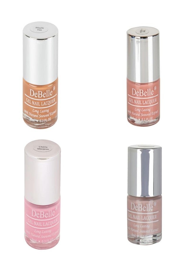 DeBelle Gel Nail Lacquers Combo set of 4 Malibu Sunset Pastels - Maple Tan (Tan Brown), Rose Aurelia (Pink Mauve), Cherry Macaron (Powder Pink), Peony Blossom (Nude) 32 ml (8ml Each) - Image 2