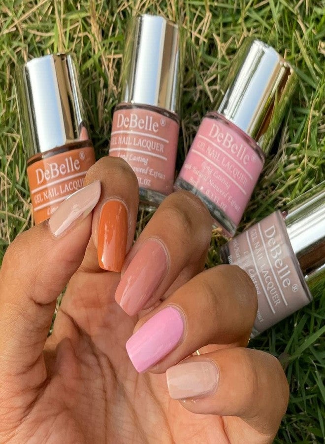 DeBelle Gel Nail Lacquers Combo set of 4 Malibu Sunset Pastels - Maple Tan (Tan Brown), Rose Aurelia (Pink Mauve), Cherry Macaron (Powder Pink), Peony Blossom (Nude) 32 ml (8ml Each) - Image 1