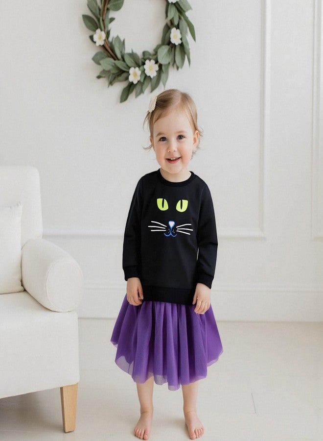 GOOCHEER Toddler Baby Girl Halloween Outfit Black Cat Long Sleeve Sweatshirt and Purple Mesh Tutu Skirt Fall Winter Clothes Set (Black, 2-3T) - Image 2