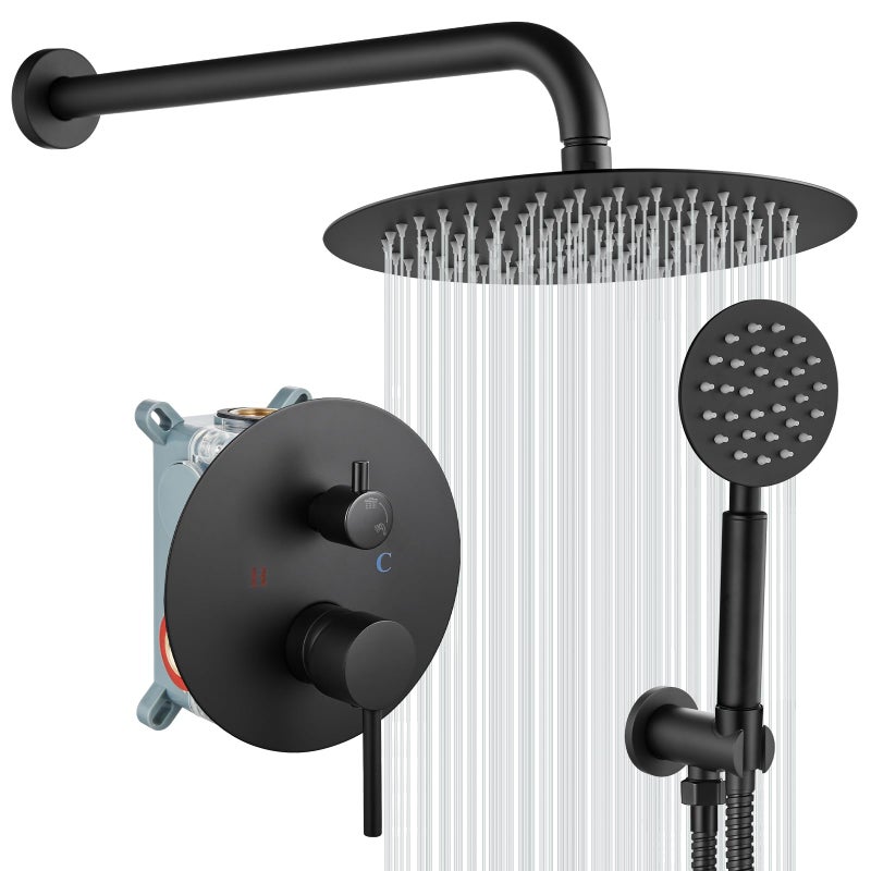 gotonovo Rain Shower System with 10 Inch Round Showerhead and Handheld High Pressure Shower Faucet Set Contain Rough in Valve Matte Black