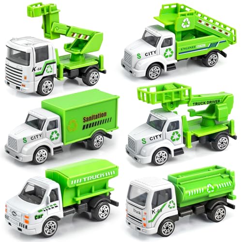 Bloolilies 6 Pack Diecast Garbage Truck Toys Mini Alloy Trash Truck Kids Play Vehicles Set Cars Toys for Toddlers Boys Ages 3 4 5 6 7 Years Old Birthday Gift Party Favors Goodie Bag Stuffers - Image 1