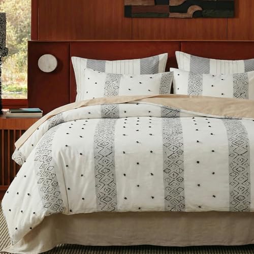 Cozaline 100% Cotton Duvet Cover Set King Size, Neutral Ivory Bedding with Ethnic Stripe, 3 Pieces Soft Breathable Boho Geometric Bed Set for All Seasons - Image 1