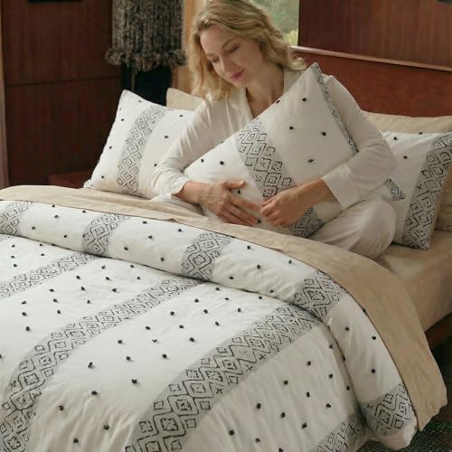 Cozaline 100% Cotton Duvet Cover Set King Size, Neutral Ivory Bedding with Ethnic Stripe, 3 Pieces Soft Breathable Boho Geometric Bed Set for All Seasons - Image 5