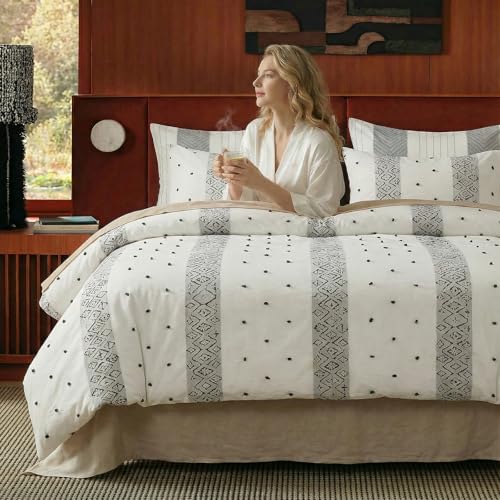 Cozaline 100% Cotton Duvet Cover Set King Size, Neutral Ivory Bedding with Ethnic Stripe, 3 Pieces Soft Breathable Boho Geometric Bed Set for All Seasons - Image 3
