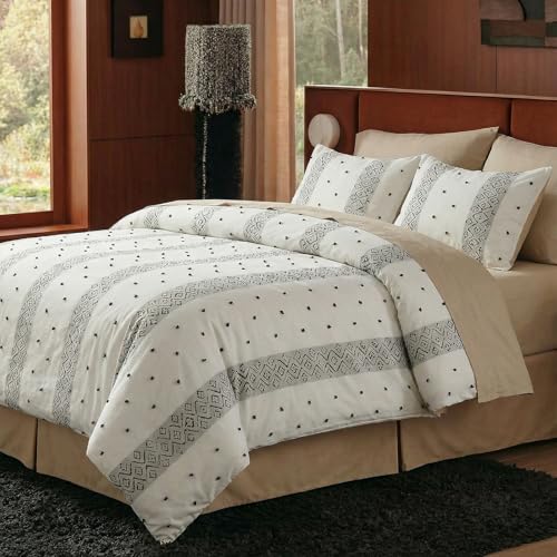 Cozaline 100% Cotton Duvet Cover Set King Size, Neutral Ivory Bedding with Ethnic Stripe, 3 Pieces Soft Breathable Boho Geometric Bed Set for All Seasons - Image 4