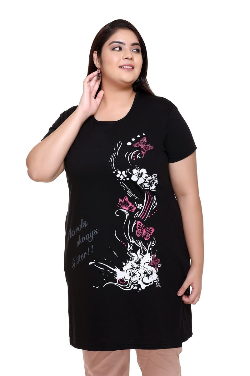 In Love Women Cotton Regular Fit Plus Size Cotton Long-Line Chest Print T-Shirt With Pocket,Black,2XL - Image 1