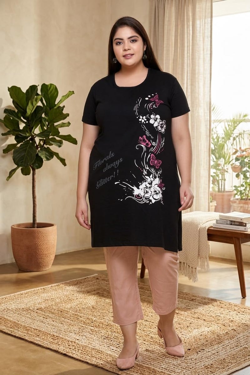 In Love Women Cotton Regular Fit Plus Size Cotton Long-Line Chest Print T-Shirt With Pocket,Black,2XL - Image 2