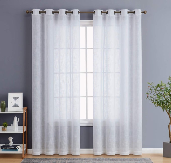 HLCME Abbey Faux Linen Textured Semi Sheer Privacy Light Filtering Transparent Window Grommet Floor Length Thick Curtains Drapery Panels for Bedroom Living Room 2 Panels 54 W x 84 L White