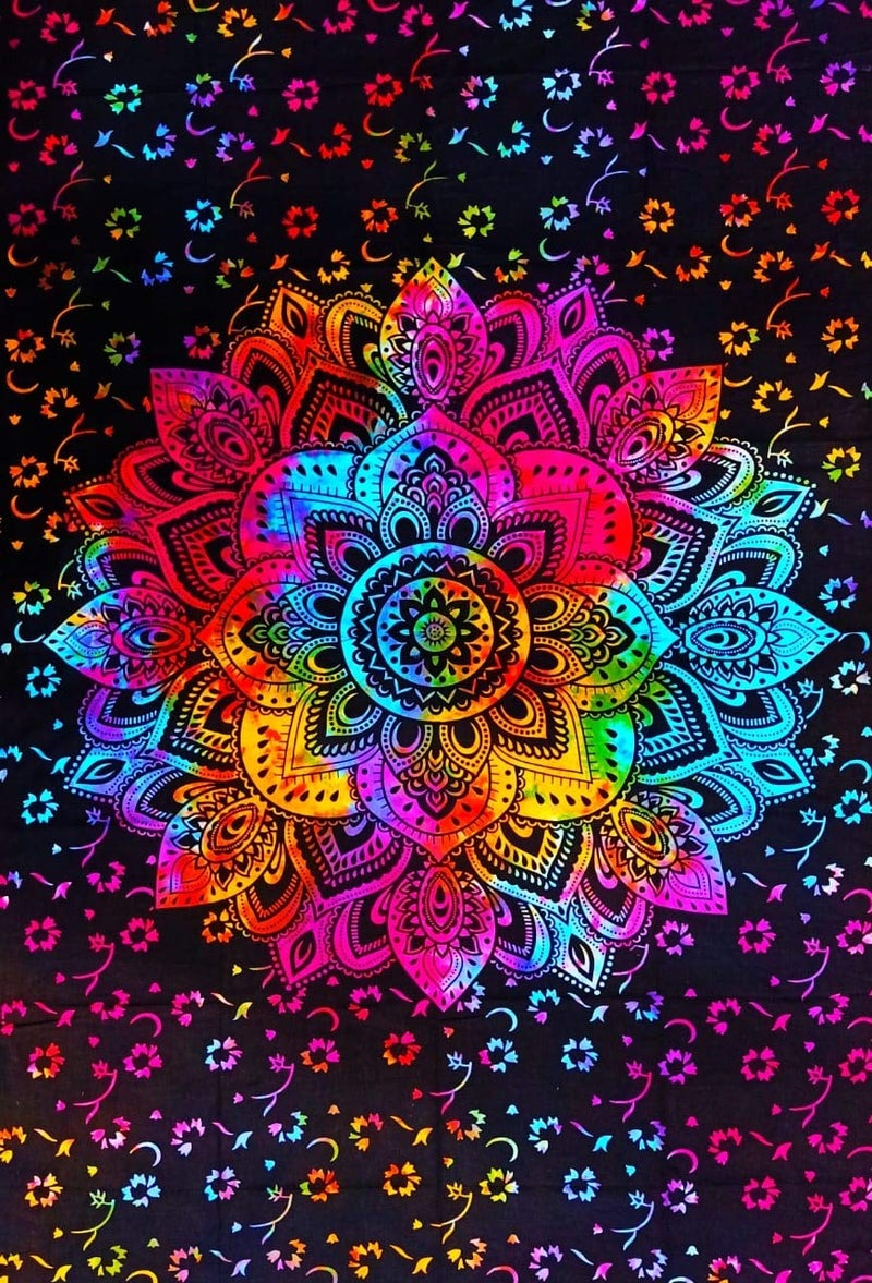 ART WORLD Flower Mandala Tapestry Single Bedsheet Bedspread Bedding Bedcover Psychedelic Boho Tie Dye Printed Twin Wall Hanging Decoration Poster 40x30 Inches Multi Color Poster 40x30 Inches - Image 1