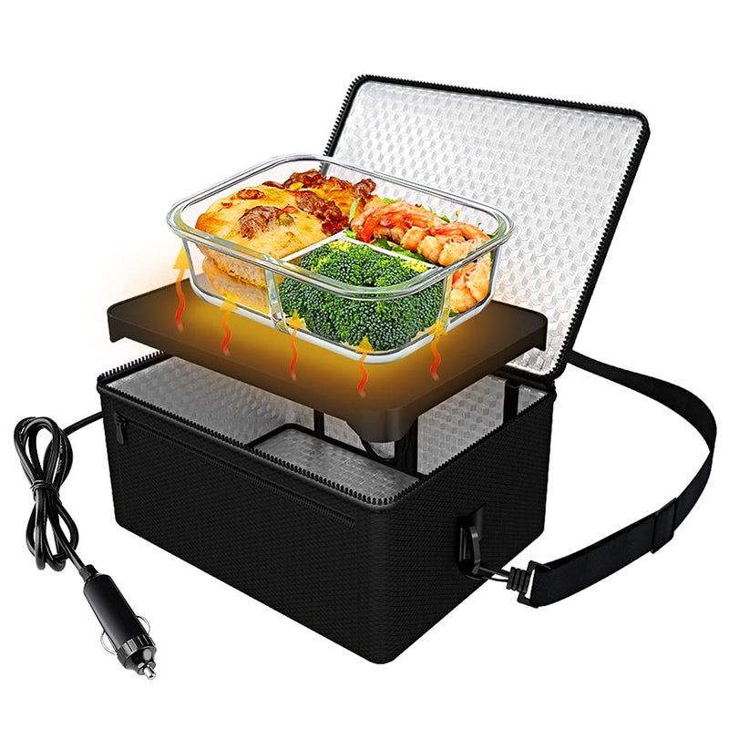 Rottogoon 90W Faster Portable Oven 12V Car Food Warmer Portable Personal Mini Oven Electric Heated Lunch Box for Meals Reheating  Raw Food Cooking for Road TripCampingPicnicFamily GatheringBlack 