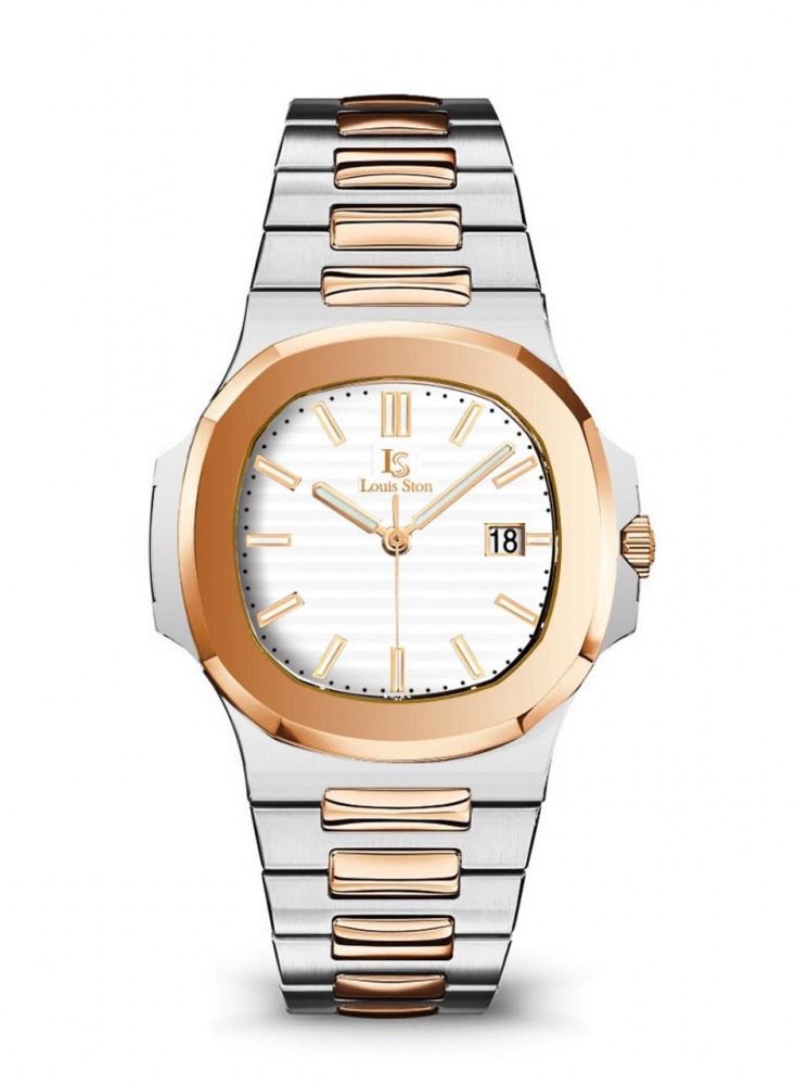Louis Ston Men's wrist watch, waterproof and of high quality, silver and bronze color with a white dial.