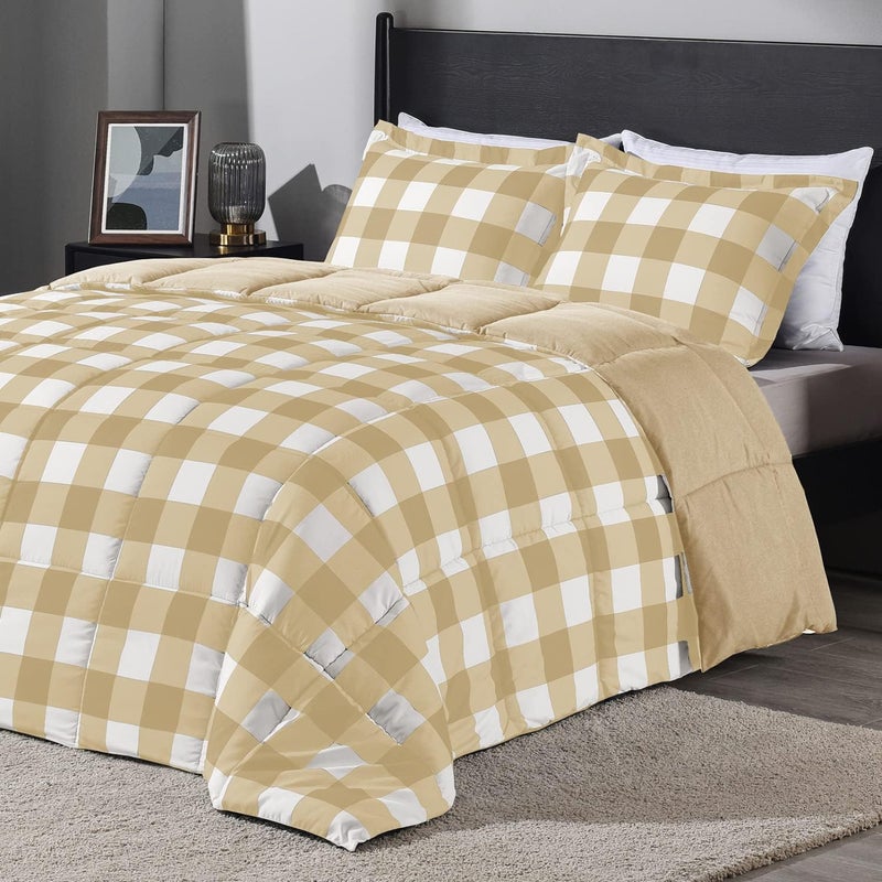 downluxe Lightweight Plaid Comforter Set (Queen) with 2 Pillow Sham - 3-Piece Set - Khaki/White Plaid - Down Alternative Reversible Comforter - Image 1