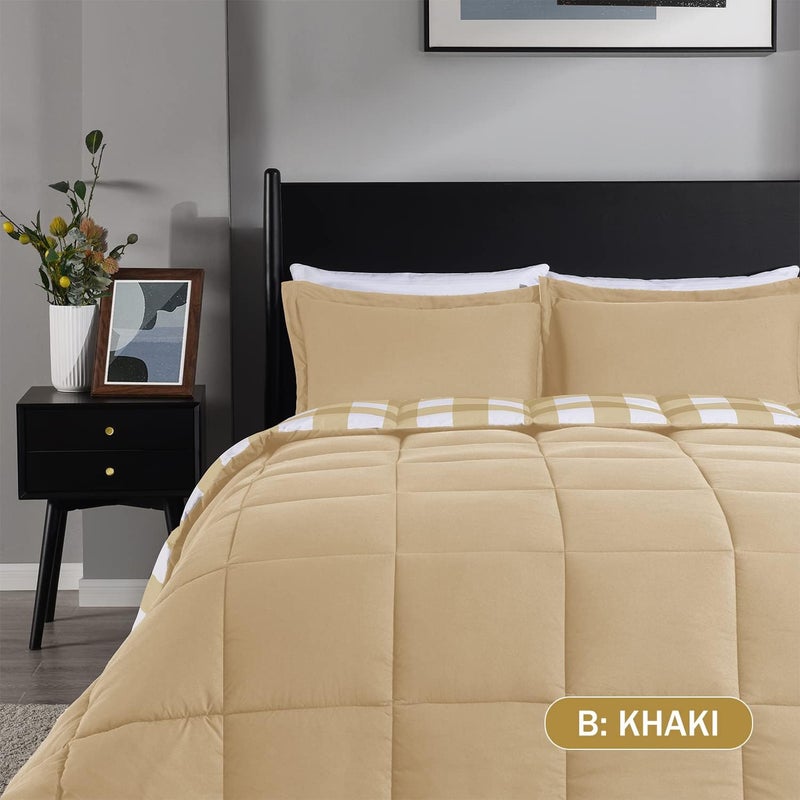 downluxe Lightweight Plaid Comforter Set (Queen) with 2 Pillow Sham - 3-Piece Set - Khaki/White Plaid - Down Alternative Reversible Comforter - Image 3