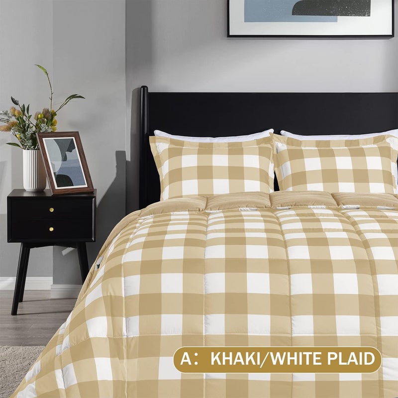 downluxe Lightweight Plaid Comforter Set (Queen) with 2 Pillow Sham - 3-Piece Set - Khaki/White Plaid - Down Alternative Reversible Comforter - Image 2