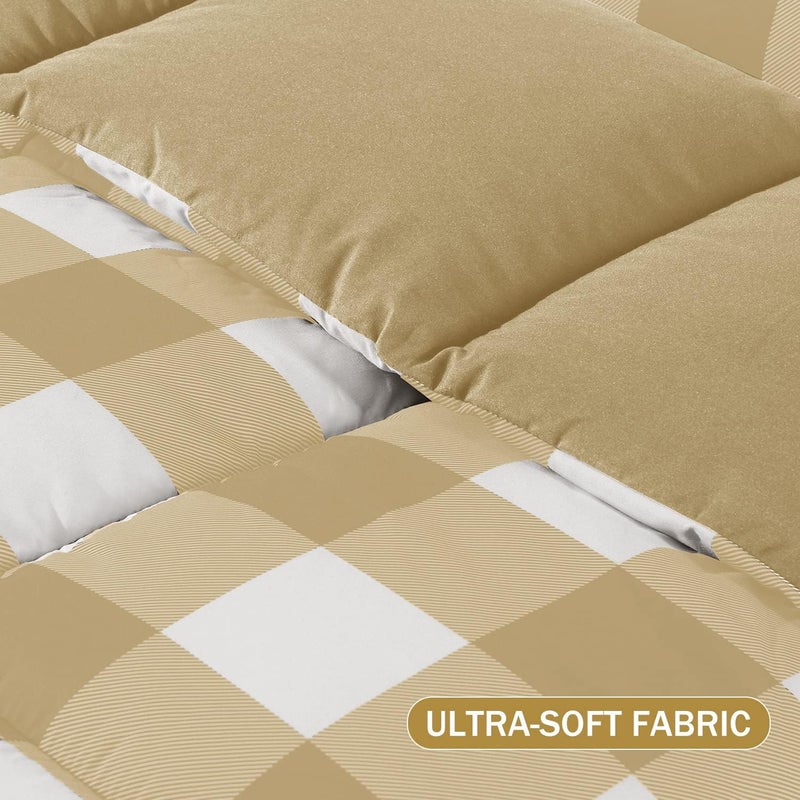 downluxe Lightweight Plaid Comforter Set (Queen) with 2 Pillow Sham - 3-Piece Set - Khaki/White Plaid - Down Alternative Reversible Comforter - Image 4