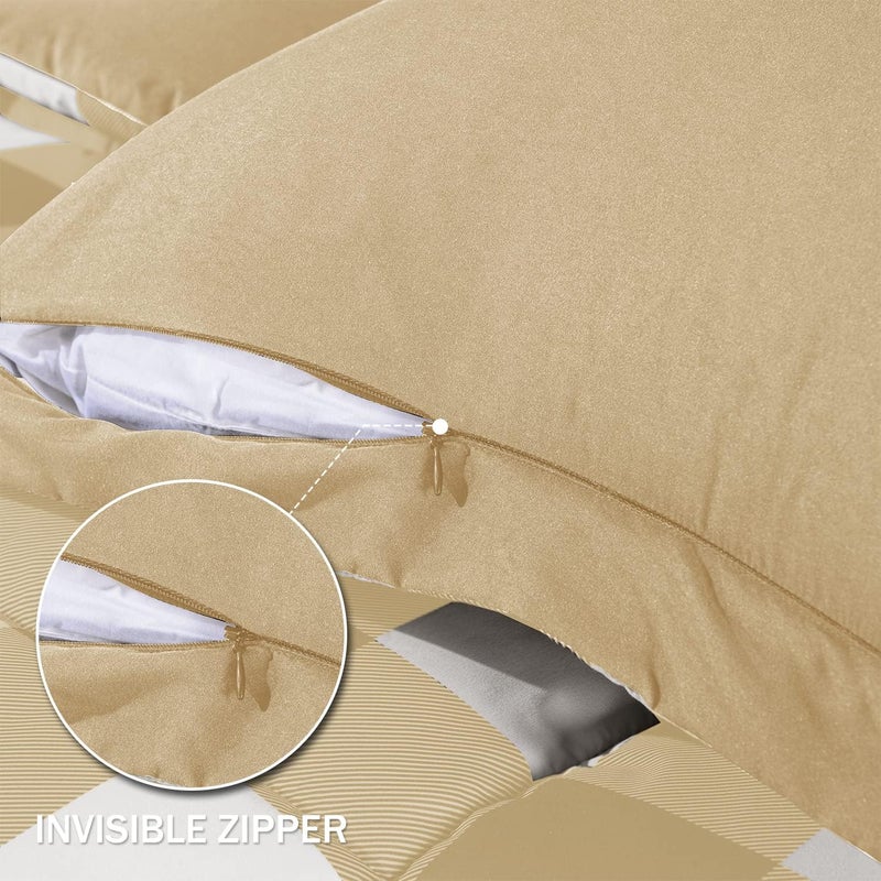 downluxe Lightweight Plaid Comforter Set (Queen) with 2 Pillow Sham - 3-Piece Set - Khaki/White Plaid - Down Alternative Reversible Comforter - Image 5