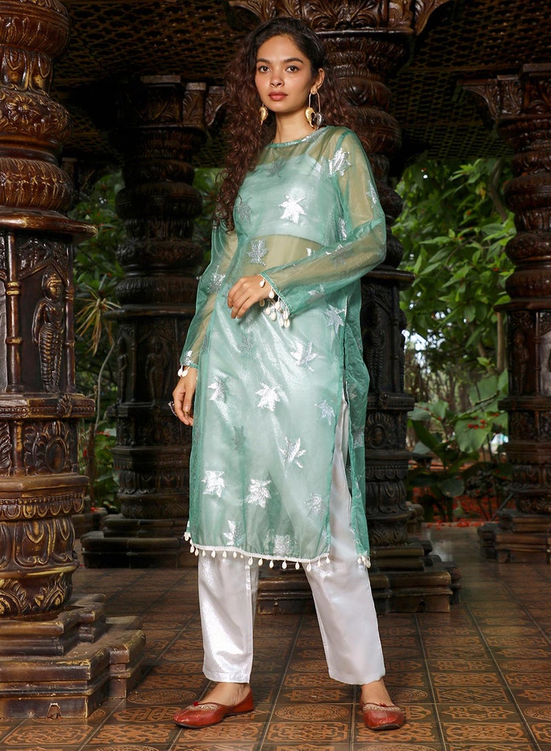 QISSA Women's Jade Green Maple Leaf Kurta With Crop And Trousers - Image 2