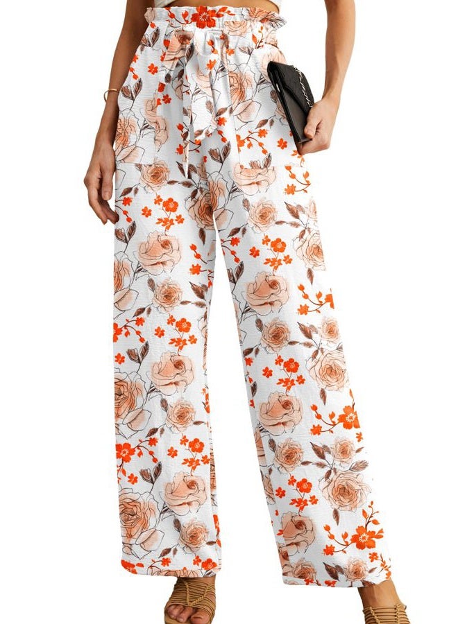 IWOLLENCE Women's Wide Leg Pants with Pockets High Waist Adjustable Knot Loose Casual Trousers Business Work Casual Pants White Sketch Rose Large - Image 1