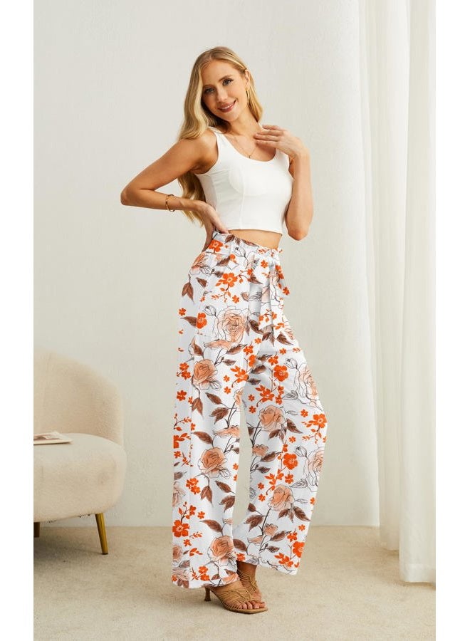 IWOLLENCE Women's Wide Leg Pants with Pockets High Waist Adjustable Knot Loose Casual Trousers Business Work Casual Pants White Sketch Rose Large - Image 4