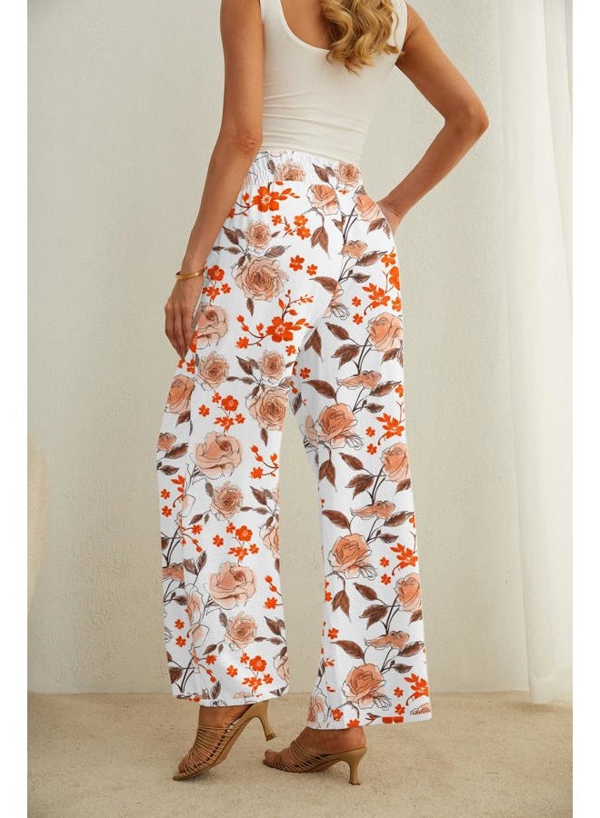 IWOLLENCE Women's Wide Leg Pants with Pockets High Waist Adjustable Knot Loose Casual Trousers Business Work Casual Pants White Sketch Rose Large - Image 5