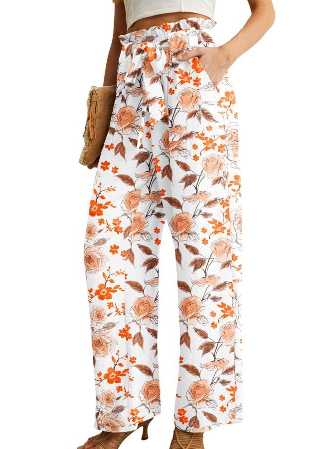 IWOLLENCE Women's Wide Leg Pants with Pockets High Waist Adjustable Knot Loose Casual Trousers Business Work Casual Pants White Sketch Rose Large - Image 2