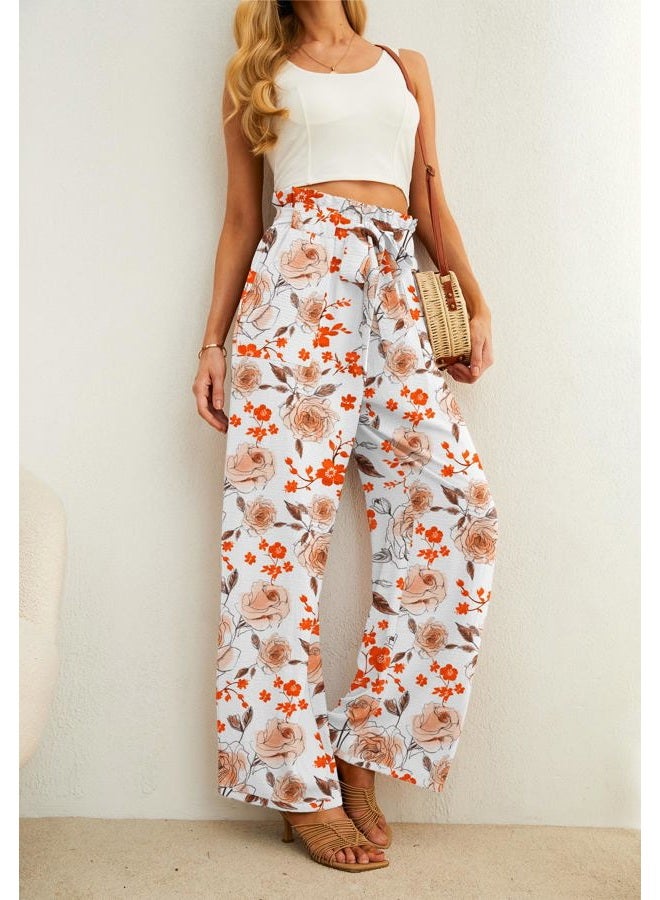 IWOLLENCE Women's Wide Leg Pants with Pockets High Waist Adjustable Knot Loose Casual Trousers Business Work Casual Pants White Sketch Rose Large - Image 3