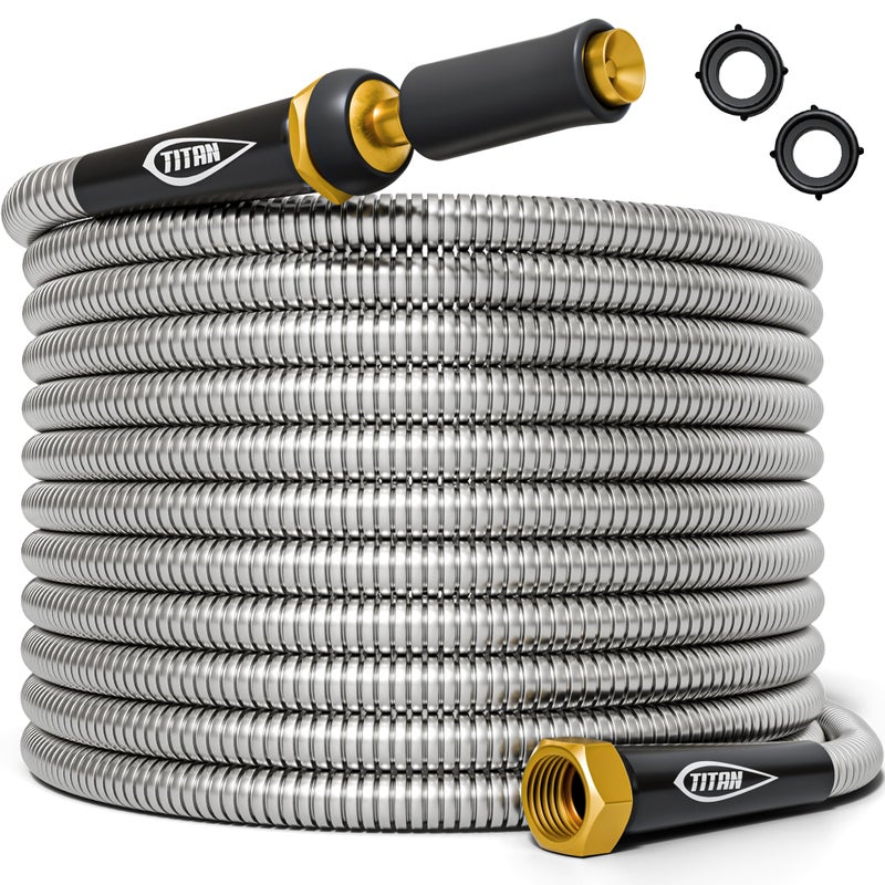TITAN Garden Hose 75FT - 304 Stainless Steel Metal Water Hose, Flexible, Kink-Free, Lightweight, Durable, Crush Resistant Fittings, Easy to Coil, 500 PSI - Image 1