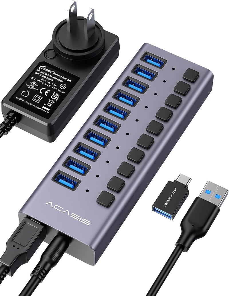 أكاسيس محور USB مزود بالطاقة من ACASIS، 10 منافذ USB 3.0 لنقل البيانات، مفاتيح تشغيل/إيقاف فردية، محول طاقة 12V4A 48W، مقسم محور USB 3.0 لأجهزة MacBook وMac Pro/Mini وiMac وSurface Pro المحمول/الكمبيوتر الشخصي - Image 1