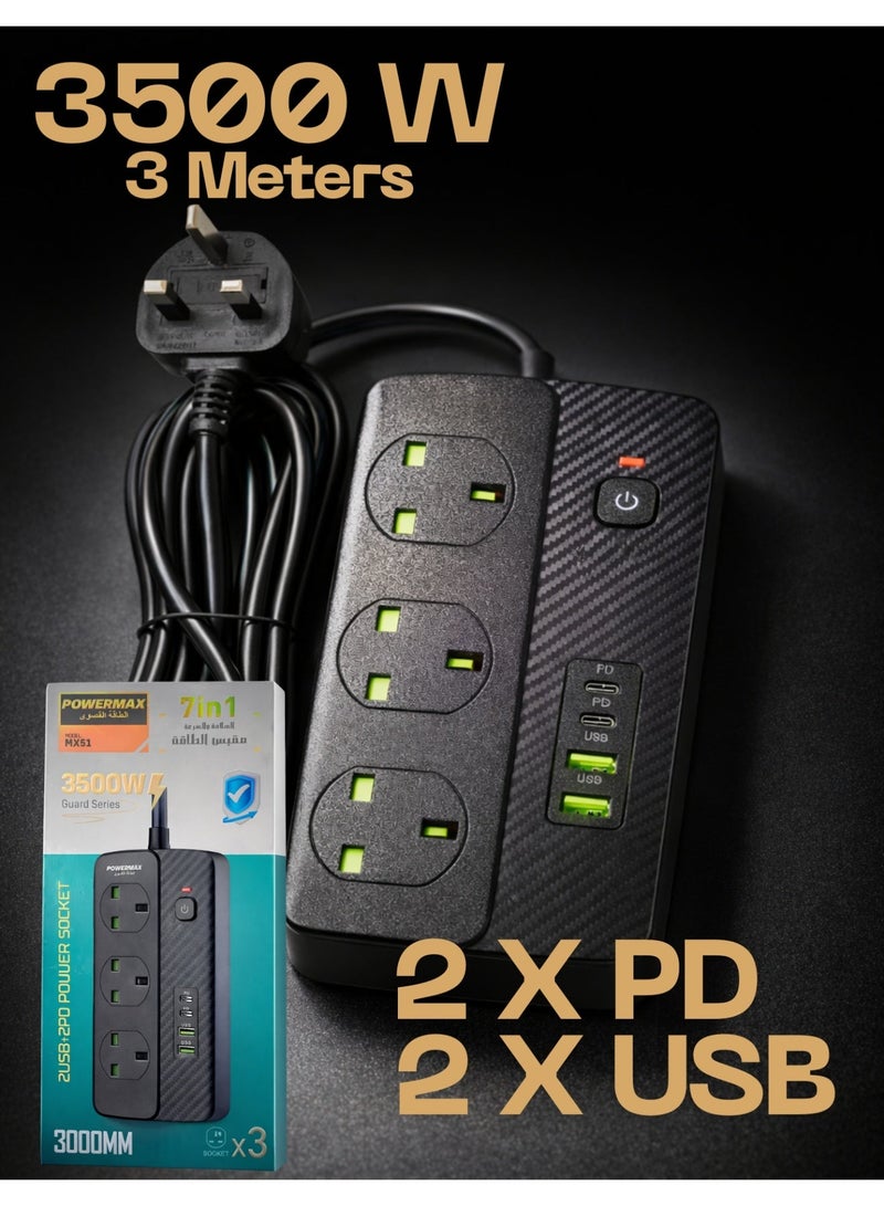 PowerMax Guard Series 3500W Power Extension | 3 Universal Sockets + Dual USB Fast Charging Ports (PD & QC3.0) | 3 Meter Heavy-Duty Cord | Surge & Overload Protection | 7-in-1 Multi-Function Power Strip - Image 1