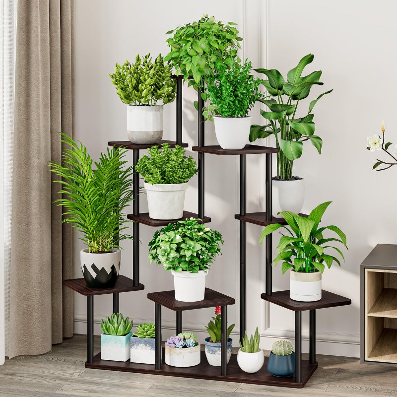 AZERPIAN Plant Stand 9 Tier Indoor Metal Flower Shelf for Multiple Plants Corner Tall Flower Holders for Patio Garden Living Room Balcony Bedroom, Black Oak - Image 2