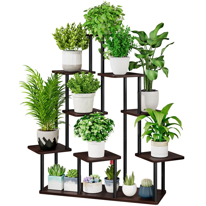 AZERPIAN Plant Stand 9 Tier Indoor Metal Flower Shelf for Multiple Plants Corner Tall Flower Holders for Patio Garden Living Room Balcony Bedroom, Black Oak - Image 1