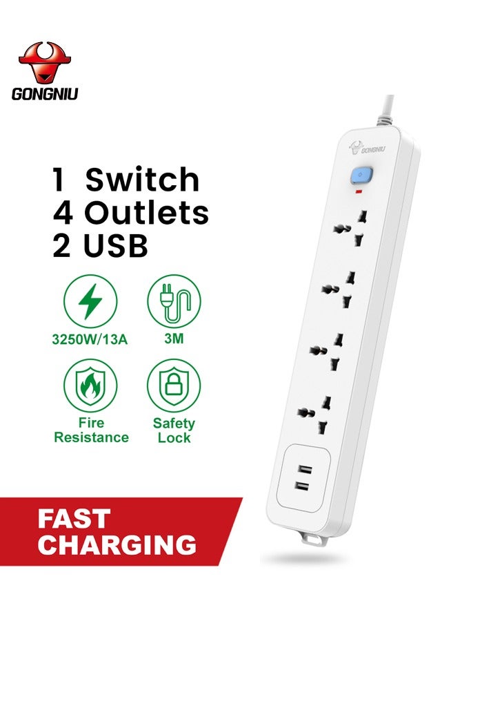 غونغنيو وصلة تمديد كهربائية 4 مقابس مع 2 منفذ USB – كابل تمديد 3 متر | حماية من الحمل الزائد 13 أمبير | مقاوم للحريق، قابل للتثبيت على الحائط – مثالي للمنزل والمكتب والسفر - Image 1