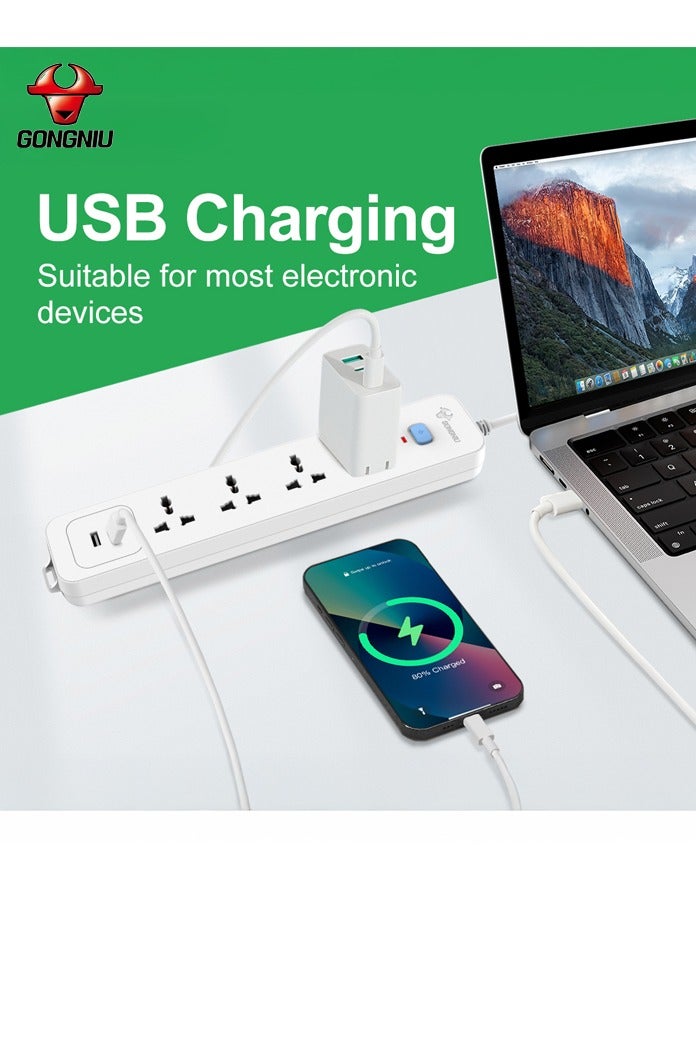 غونغنيو وصلة تمديد كهربائية 4 مقابس مع 2 منفذ USB – كابل تمديد 3 متر | حماية من الحمل الزائد 13 أمبير | مقاوم للحريق، قابل للتثبيت على الحائط – مثالي للمنزل والمكتب والسفر - Image 3