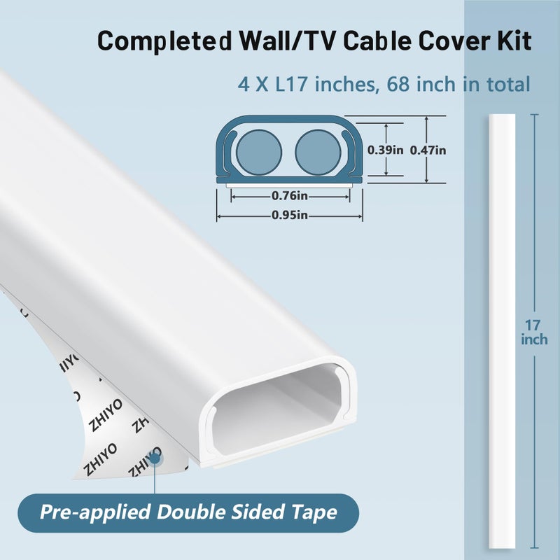 ZhiYo Cable Hider Raceway Kit, 68in (4X L17in) Wire Hiders for TV on Wall, Paintable Cord Cover Channel, Cord Hider for Wall Mounted TV in Home Office, 0.95in (W) x 0.47in (H), White - Image 4