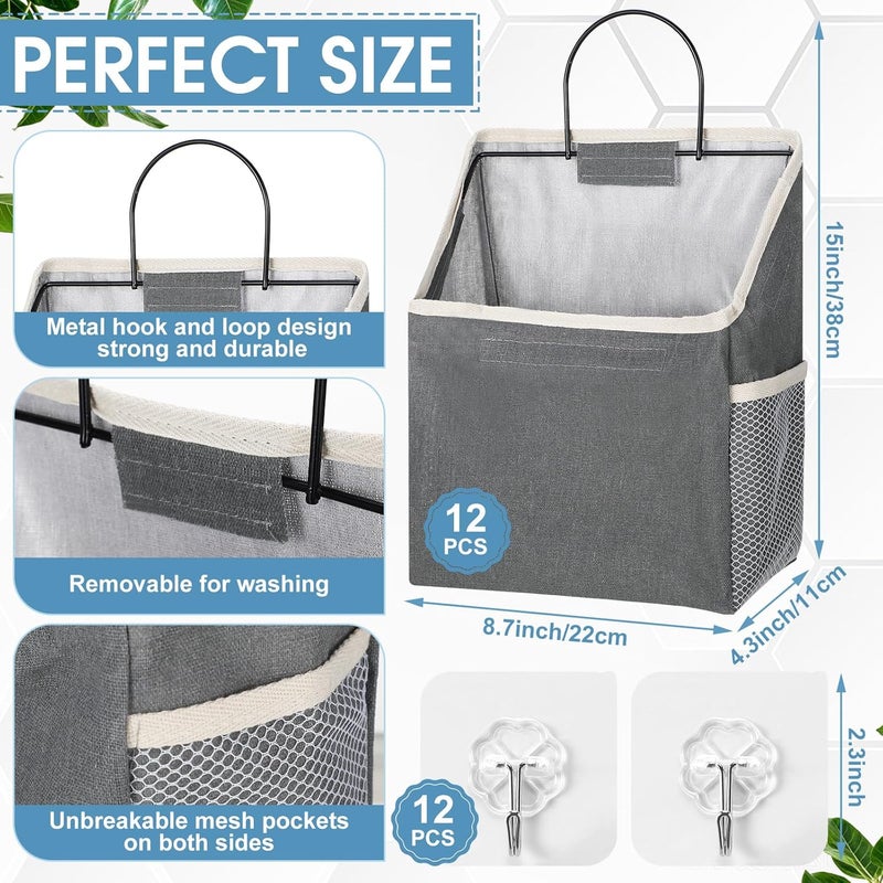 Woanger 12 Pcs Wall Hanging Storage Bag Wall Hanging Organizer Bag with Hooks Closet Basket with Pocket Linen Cotton Organizer for Bedroom Bathroom Dormitory 15 x 43 x 87Gray - Image 3