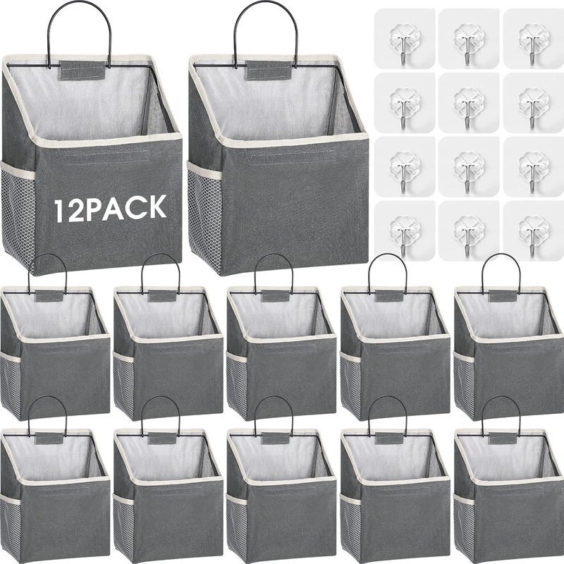 Woanger 12 Pcs Wall Hanging Storage Bag Wall Hanging Organizer Bag with Hooks Closet Basket with Pocket Linen Cotton Organizer for Bedroom Bathroom Dormitory 15 x 43 x 87Gray - Image 1
