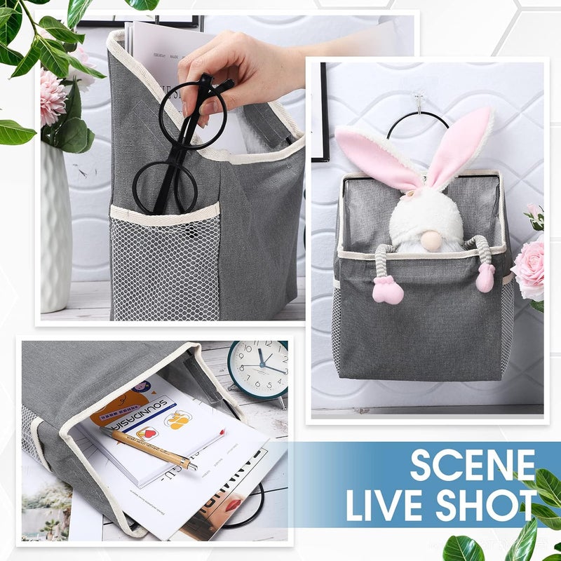 Woanger 12 Pcs Wall Hanging Storage Bag Wall Hanging Organizer Bag with Hooks Closet Basket with Pocket Linen Cotton Organizer for Bedroom Bathroom Dormitory 15 x 43 x 87Gray - Image 4